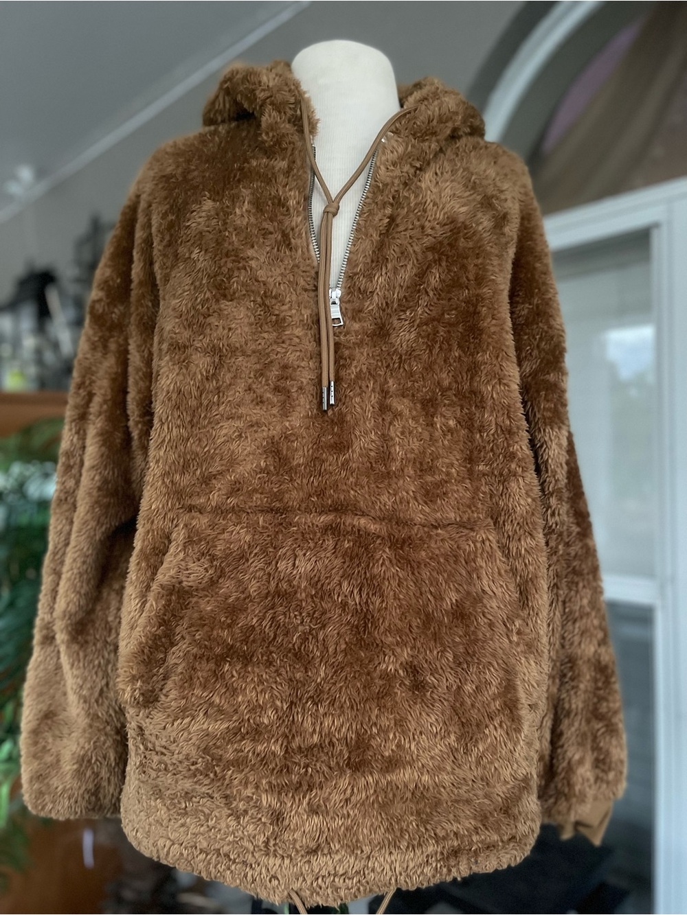 Original Use Plush Brown Hooded Zip-Front Pullover